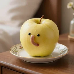a golden delicious apple is on small intricate fine china serving dish, which is on a bedside nightstand, a friendly worm pokes it's head out of the apple, superior detail, bokeh, hq 8 k 4 k, superior detail, product lighting, studio lighting, octane render, digital art.
