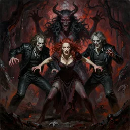 portrait painting of ed and lorraine warren possessed by demons battle annabelle in hell, sharp focus, full figure action shot, award - winning, dark fantasy, eerie, the occult, satanic, trending on artstation, masterpiece, highly detailed, intricate. art by josan gonzales and moebius and deathburger