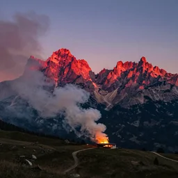1 9 2 0 s color spirit photography 9 1 1 1 2 1 of alpine red sunrise in the dolomites, smoke from mountains, fire, by william hope, beautiful, dreamy, grainy