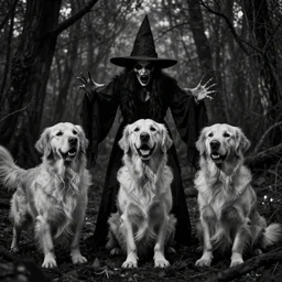 a creepy, horrifying photo of golden retrievers in witch ribes performing an evil ritual in the woods. black and white, noir, grainy, distorted, creepy, horror, vvitch, wicca