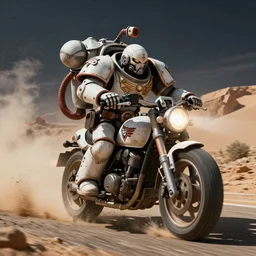 Space Marine Riding on Motorcycle hyperdetailed blanchitsu, warhammer 40k, baroque, driving through desert dust at speed, exhaust smoke, lights, hoses, night road scene, hyperrealism, octane render, defuse light, high detail, 8k, photo realistic , art style hr giger, establishing