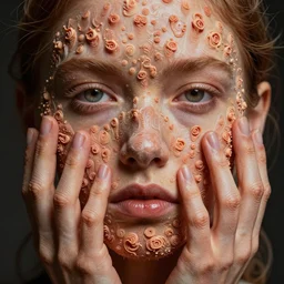 a face is covered in rows of fractal human hands, thousands of tiny fractal fingers, octane render, subsurface scattering, intense lighting