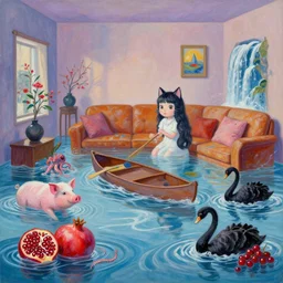 emo catgirl artist in her flooded lounge room, painting of flood waters inside an artist's loungeroom, a river flooding indoors, pomegranates, pigs, ikebana, zen, water, octopus, river, rapids, waterfall, black swans, canoe, berries, acrylic on canvas, surrealist, by magritte and monet