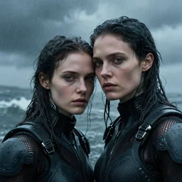 cinestill 5 0 d candid photographic portrait by helen levitt of two loving female androids wearing rugged black mesh techwear in treacherous waters, extreme closeup, modern cyberpunk moody emotional cinematic, hurricane, 8 k, hd, high resolution, 3 5 mm, f / 3 2, ultra realistic faces, ex machina