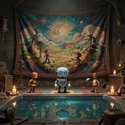 a beautiful tapestry of a dream, a small robot playing a game, ultra detailed, reflective pool, atmospheric, steampunk, moody, candles, characters from machinarium, by don bluth, trending on artstation, octane render, 8 k, ultra realistic