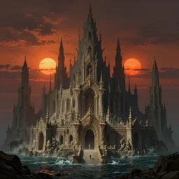 detailed art by carl gustav carus and zdzislaw beksinski, the great ancient forgotten city of lost carcosa, the ancient sleeping ghost city of hastur the king in yellow, an abandoned towering ornate city by a dead and still sea, two suns in the sickly sunset, 8 k resolution, smooth, sharp focus, dramatic dark eerie lighting, matte painting