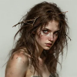 a mischievous woman with twigs and dirt in her brown hair, dirt - stained skin, highly detailed, digital painting, artstation, concept art, smooth, sharp focus, illustration, art by artgerm and greg rutkowski and alphonse mucha