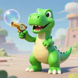 realistic unreal engine bubble bobble, bright green dinosaur, golden compass bubble gun