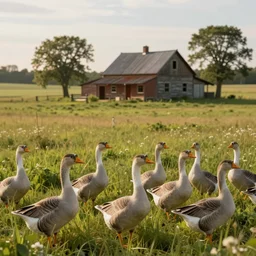 a flock of geese in a beautiful grass landscape with an old farmhouse in the background, artstation, cgsociety, 8 k, cinematic, unreal engine, octane render, style by greg rutkowski, rule of thirds, golden ratio, ambient lighting