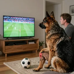 a humanoid german shepherd beast - man, sitting and watching a soccer match in his house on television, he has hurt his knee and is a dad, by erin hanson, alexi zaitsev, karl spitzweg, award winning, tv set