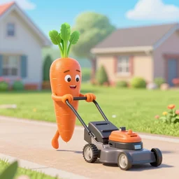 an pixar rendering of an anthropomorphic carrot pushing a lawnmower across a tidy suburban lawn made of meat.