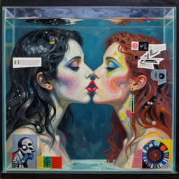 beautiful painting of two bizarre psychedelic women kissing each other closeup in an aquarium, speculative evolution, mixed media collage by basquiat and junji ito, magazine collage art, paper collage art, sapphic art, lesbian art