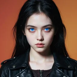 head and shoulders portrait of a young girl in a black leather jacket, pale skin, piercing blue eyes, black hair, steampunk, vibrant color, high detail, masterpiece by craig mullins, ruan jia, peter mohrbacher, norman rockwell, caravaggio