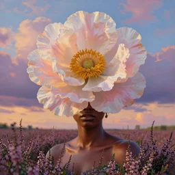 closeup, massice flower as head, an african woman in heather field, surreal photography, golden hour, colorful clouds, impressionist painting, digital painting, artstation, simon stalenhag