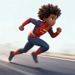 a black boy with floppy curly hair running at supersonic speed in a superhero outfit concept art. Artstation.