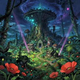 a beautiful very detailed anime illustration of abandoned settlement by jeanne gang, rainforest galactic laser poppy otherworldly futuristic wilderness retro fisheye studio ghibli extraterrestial nightsky fantasy, archdaily, wallpaper, highly detailed, trending on artstation.