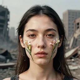 closeup portrait of a woman with wire and lilies growing out of her face, standing in a desolate apocalyptic city, by Annie Leibovitz and Steve McCurry, natural light, detailed face, CANON Eos C300, ƒ1.8, 35mm, 8K, medium-format print