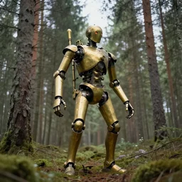 brass mech standing in a swedish forest, very low angle photograph, trending on artstation, realistic, soft colors, simon stålenhag