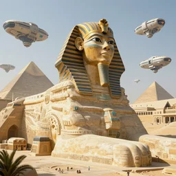 a scene of the beautiful intricate epic futuristic pharaoh city focusing on a huge sphinx dominating the scene, floating cyber ships shaped as pyramids, hyper detailed, cinematic lighting