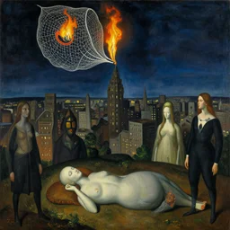 study of the psychedelics dream mothership throwing a firefly net over the metropolis of slumber. painting by mikalojus konstantinas ciurlionis, bosch, wayne barlowe, agnes pelton, rene magritte