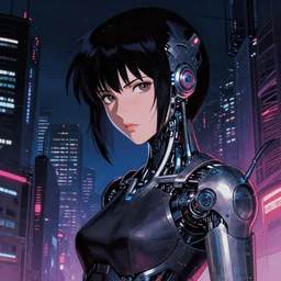 a japanese cyberpunk cyborg girl, finely detailed features, cyborg robot parts with glowing lights!, dramatic cinematic, night, at cyberpunk city, ghost in the shell, akira, noir, trending on pixiv fanbox, manga!, heavy metal!, painted by greg rutkowski makoto shinkai takashi takeuchi craig mullins, alphonse mucha, studio ghibli, pixiv