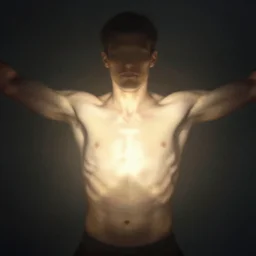 upper body of a man with obscured face arms flung wide light shining from within his chest, hyperreal, inner light, out of focus, in the style of ilvya kuvshinov, rossdraws, mark bagley