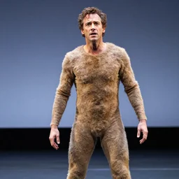 theatrical production of hanoch levin play starring a young david duchovny wearing a hairy leotard, dramatic emotional acting and staging