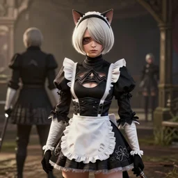 Film still of 2B from NieR: Automata wearing a cat maid outfit, from Red Dead Redemption 2 (2018 video game), trending on artstation, artstationHD, artstationHQ