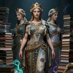 3 d goddess minerva, medium shot portrait. beautiful hyperrealistic intricate highly detailed and richly embroidered with esoteric symbols gown, surrounded by stacks of books bioluminescent, curious, plasma, 4 k surrealism