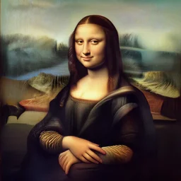 a portrait of a woman painted in italian renaissance chiaroscuro style. the woman in the painting is shown seated with her hands folded in her lap. she is wearing a simple dress with a pattern of flowers. her hair is pulled back from her face and she has a small, faint smile. the background of the painting is a landscape of rolling hills and mountains. the sky is a light blue, and there are small clouds in the distance.