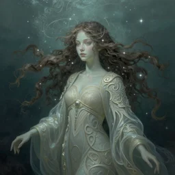 hyperdetailed murky underwater portrait of a starlight spirit in a robe. by greg rutkowski, highly detailed, digital painting, artstation, smooth, sharp focus illustration, artstation hq. intricate, elegant. art by wlop and artgerm and greg rutkowski, alphonse mucha, medium shot. dan mumford, tomokazu matsuyama, takato yamamoto