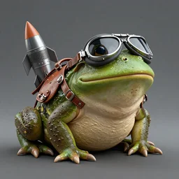 dieselpunk bullfrog. highly detailed. octane render. leather. rocket engines. aviator goggles. rivets.
