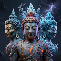 3 d ornate carved buddha with tattoos profile portrait, sigma 5 0 0 mm f / 5. beautiful intricate highly detailed quetzalcoatl skull. bioluminescent, plasma, lava, ice, water, wind, creature, thunderstorm! artwork by tooth wu and wlop and beeple and greg rutkowski, 8 k trending on artstation