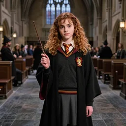 katniss everdeen as hermione granger, black wool sweater, cloak, skirt, holding wand, hogwarts great hall