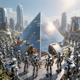 detailed intricate epic atmospheric illustration hyper detailed, millions of robot android slaves surrounding a gleaming steel and glass pyramid reflecting the bright sun, in a future city
