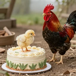 realistic barnyard. Tiny birthday cake. Newly hatched fluffy light yellow chick looking at the cake. Rhode island red rooster.