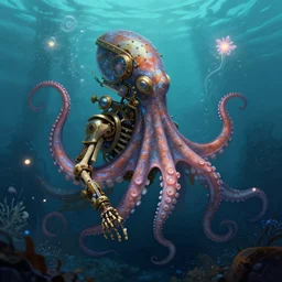 underwater photography of a steampunk human skeleton in symbiosis with octopus technology, bioluminescence, bloom, by victor grasso, digital illustration