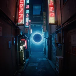 1 9 7 0 s underwater footage of a stargate opening at the end of a tokyo alley, non - euclidean, neon lights, ektachrome photograph, volumetric lighting