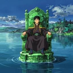 a lone emperor sitting on a emerald throne floating on water in the middle of a lake drawn by Makoto Yukimura in the style of Vinland saga anime, full color, detailed, psychedelic, Authority