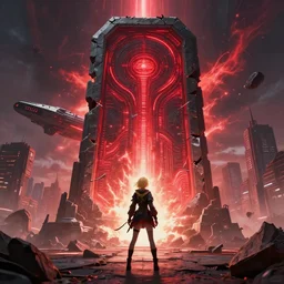 a blonde girl standing front of a huge towering and broken stone tablet with red light + alien pattern + an abandoned spaceship, stands in the center of a prosperous city at the end of the world, and the power and energy is explode, secret, mysterious, doomsday, landscape, 2 4 mm lens, video game control, quantum break, arknights,