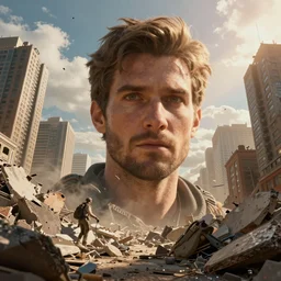 highly detailed macro shot of rubble city focusing on a male explorers face, rule of thirds, cinematic view, epic sky, detailed, concept art, low angle, high detail, warm lighting, volumetric, godrays, vivid, beautiful, by jordan grimmer, huge scene, art greg rutkowski