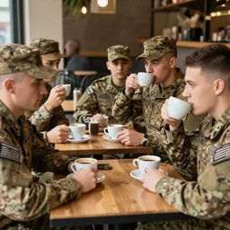 a group of military solders sitting at the cafe and drinking coffee