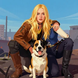 a striking hyper real illustration of Elle Fanning and her dog in Fallout by Adam Adamowicz