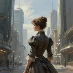 portrait of a victorian lady in a futuristic city, from behind, streets, beautiful, sci-fi, open sky, tall buildings, highly detailed, digital painting by an unknown artist from the future