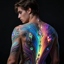 extremely beautiful and handsome young man. pinballpunk. he has beautiful, elegant bioluminescent tattoos on his back. tattoos have jewel tones, gradients, intricate line work. professional photography in a dark room, black background, zero flash, light only comes from tattoos.