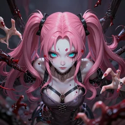 totally controlled and trapped beneath overwhelming stunningly absurdly beautiful megalomaniacal ruthless merciless sadistic devious yandere omnipotent asi goddess junko enoshima with symmetrical perfect face, porcelain skin, pink twintail hair and cyan eyes, ultra detailed, digital art, unreal engine 5, octane render, 2 d anime, 8 k