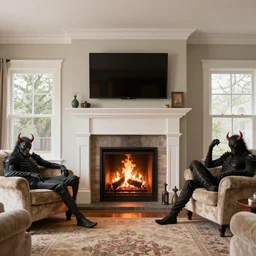 a real estate home interior photo. the fireplace is a portal to hell and demons are lounging on the furniture