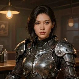 hyper detailed ultra sharp character portrait of a woman wearing hextech armor standing in a dive bar, with a realistically proportioned face, cinematic lighting, good value control, smooth, realistic shading, realistic face details, realistic face details, smooth, highly detailed, digital painting, concept art, painted texture maps, illustration, in the style of studio fortiche, painted texture maps, substance painter