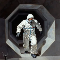 portrait of a scientist in a hazmat suit entering the geometric dimensional gateway by frank frazetta