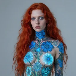 pale woman, with long red hair, completely tattooed with blue fluorescent flowers, by zdzisław beksinski